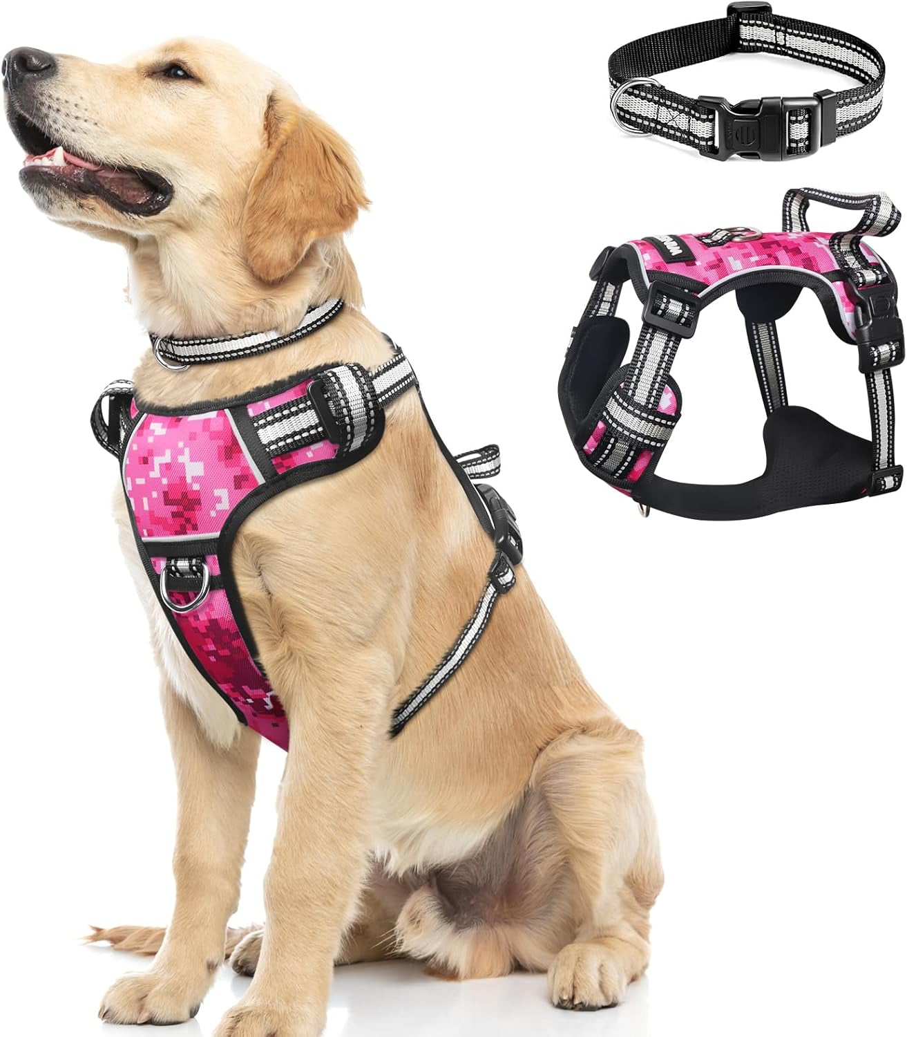 Dog Harness No Pull, Pet Harnesses with Dog Collar, Adjustable Reflective Oxford Outdoor Vest, Front/Back Leash Clips for Small, Medium, Large, Extra Large Dogs, Easy Control Handle for Walking