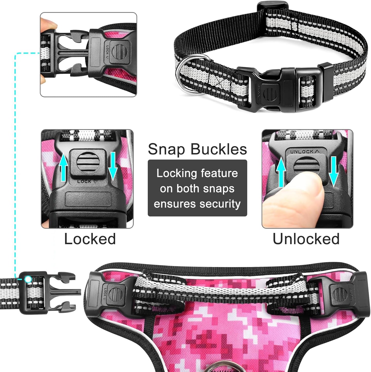 Dog Harness No Pull, Pet Harnesses with Dog Collar, Adjustable Reflective Oxford Outdoor Vest, Front/Back Leash Clips for Small, Medium, Large, Extra Large Dogs, Easy Control Handle for Walking