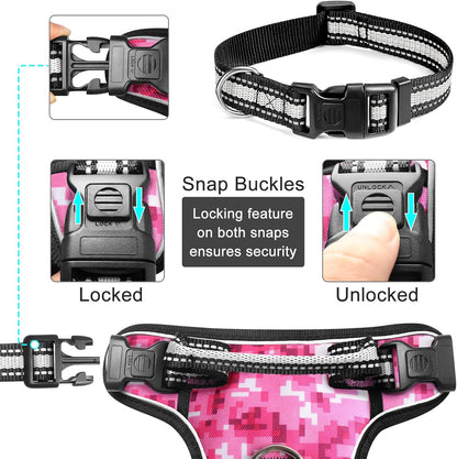 Dog Harness No Pull, Pet Harnesses with Dog Collar, Adjustable Reflective Oxford Outdoor Vest, Front/Back Leash Clips for Small, Medium, Large, Extra Large Dogs, Easy Control Handle for Walking