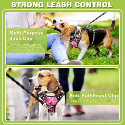 Dog Harness No Pull, Pet Harnesses with Dog Collar, Adjustable Reflective Oxford Outdoor Vest, Front/Back Leash Clips for Small, Medium, Large, Extra Large Dogs, Easy Control Handle for Walking