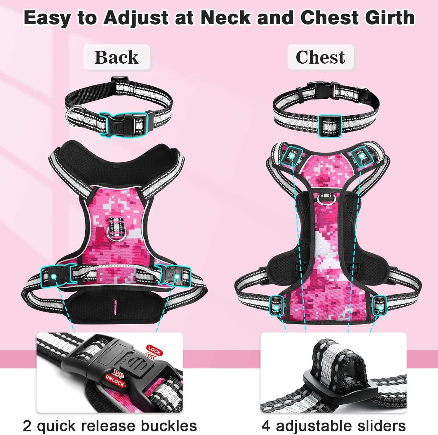 Dog Harness No Pull, Pet Harnesses with Dog Collar, Adjustable Reflective Oxford Outdoor Vest, Front/Back Leash Clips for Small, Medium, Large, Extra Large Dogs, Easy Control Handle for Walking