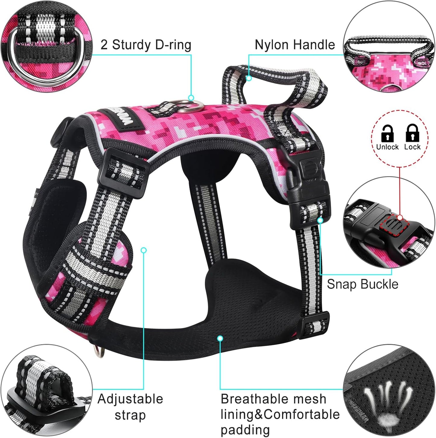Dog Harness No Pull, Pet Harnesses with Dog Collar, Adjustable Reflective Oxford Outdoor Vest, Front/Back Leash Clips for Small, Medium, Large, Extra Large Dogs, Easy Control Handle for Walking