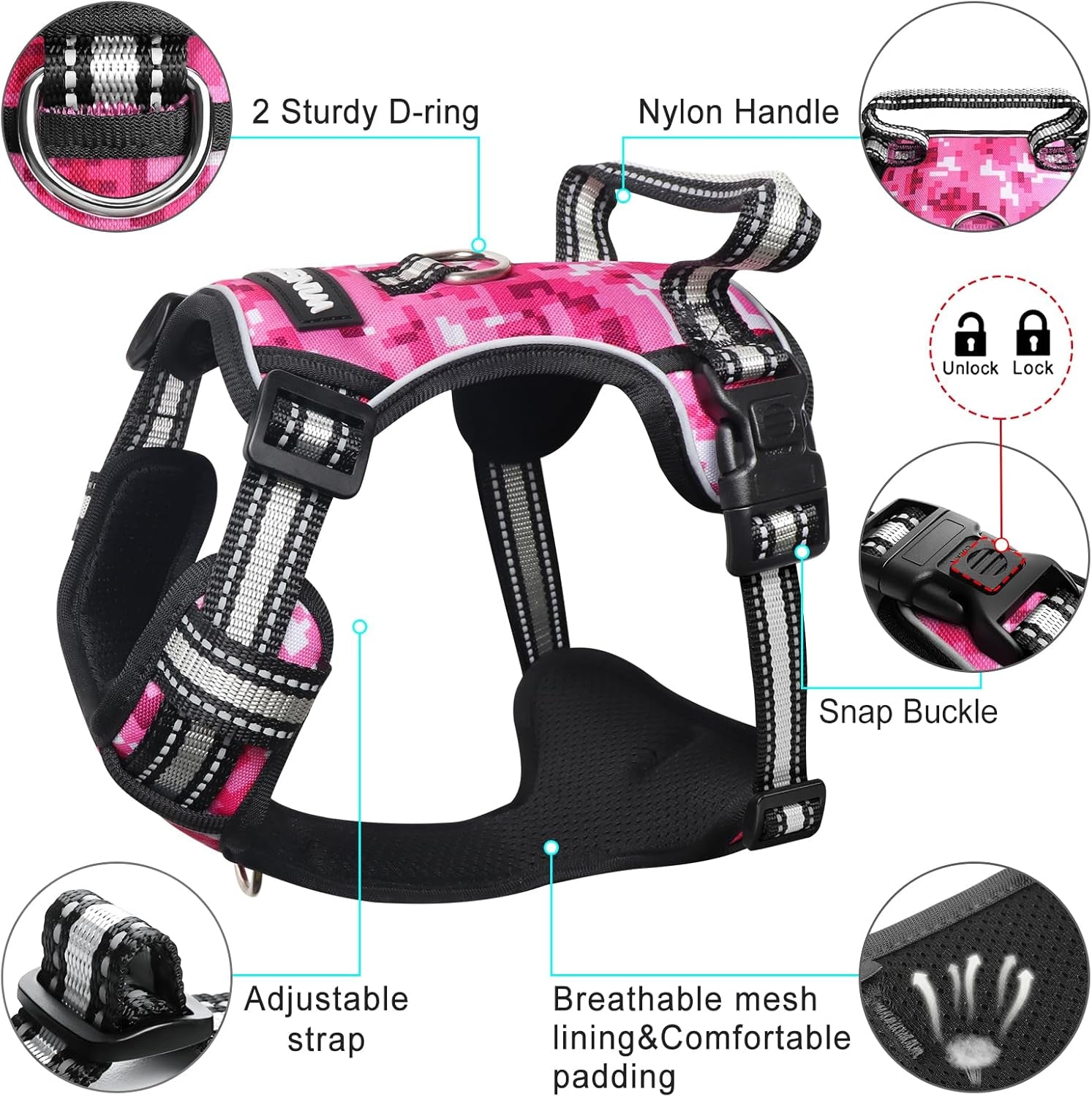 Dog Harness No Pull, Pet Harnesses with Dog Collar, Adjustable Reflective Oxford Outdoor Vest, Front/Back Leash Clips for Small, Medium, Large, Extra Large Dogs, Easy Control Handle for Walking