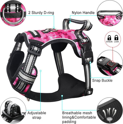Dog Harness No Pull, Pet Harnesses with Dog Collar, Adjustable Reflective Oxford Outdoor Vest, Front/Back Leash Clips for Small, Medium, Large, Extra Large Dogs, Easy Control Handle for Walking